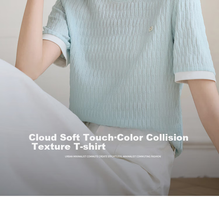 Sentubila Round Neck Short Sleeve Regular Shoulder T-Shirt for Women, Summer Contrasting Color Spliced Knit Top, Elegant Versatile High-End Blouse 1