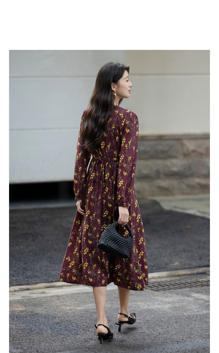 Dme [Muse's Romance] Autumn French V-Neck One-Piece Tie-Waist Tea Dress A-Line Elegant Women's Dress 1