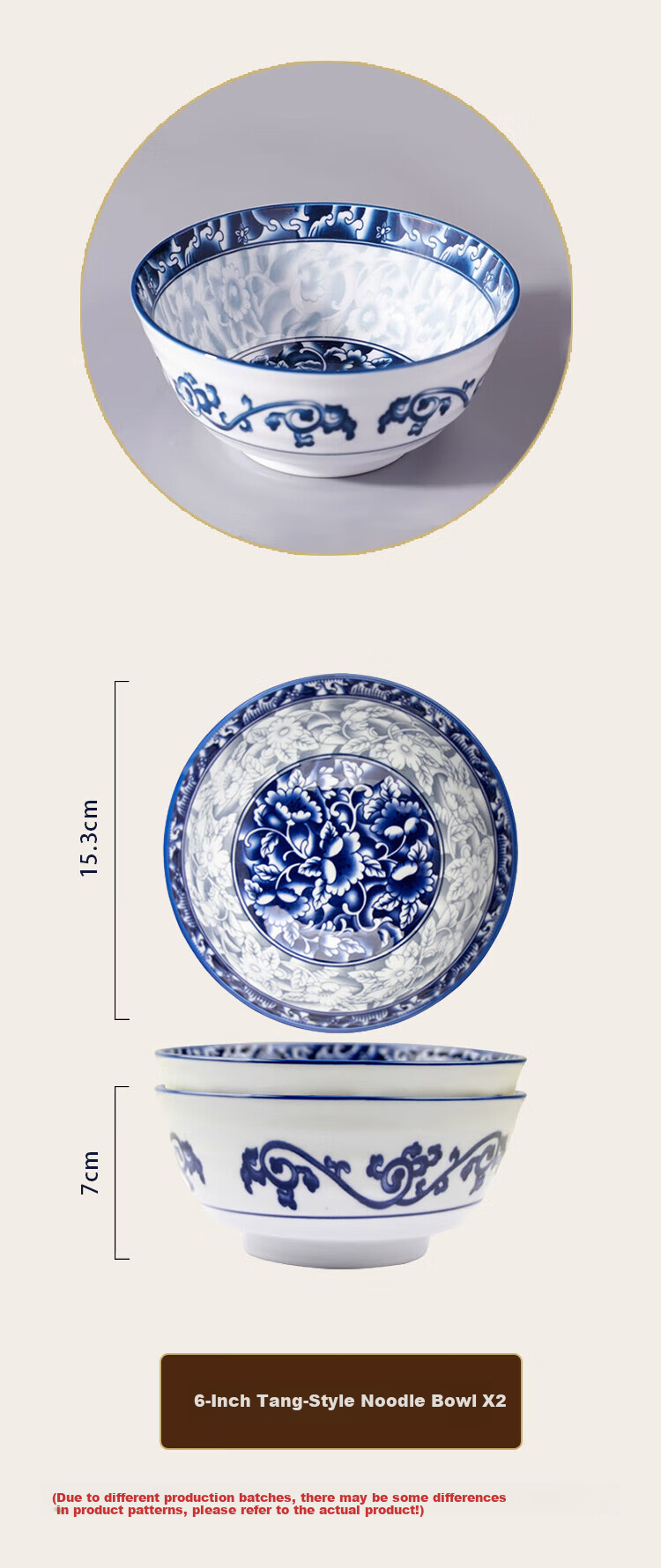 Huaqingge Household Bowl And Plate Tableware, Tang-Style Blue And White Porcelain, 6-Inch Noodle Bowls, Set of 2, Heat-Resistant, Anti-Scalding, Microwave And Dishwasher Safe 5