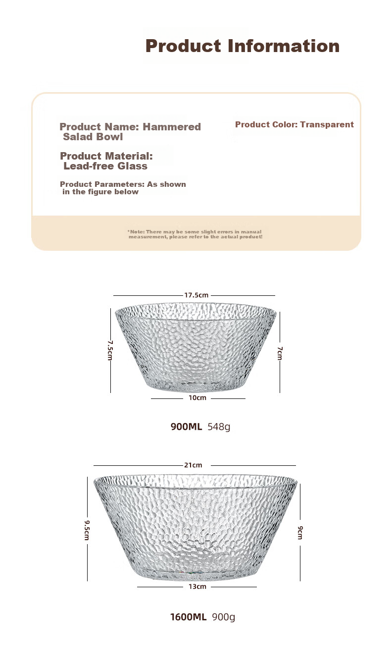 CRISTALGLASS Glass Salad Bowl, Hammered Texture Transparent Glass Bowl, Cold Dish Vegetable Fruit Plate, Dessert Bowl, Tableware, Large Size 1600ml 9