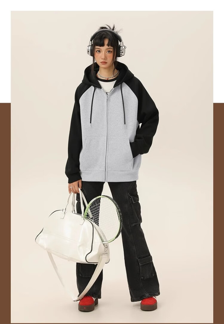 Huili Women's Hoodie Jacket, 2026 New Spring And Autumn Style, Color-Block American Retro Design, Middle School Student Hooded Cardigan, High-End Spring Outfit 11