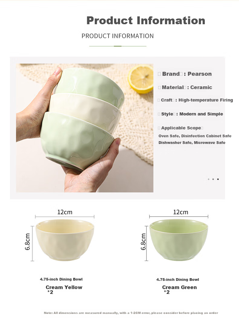 CERAMICS Cream-Colored Ceramic Noodle Bowls, Large Soup Bowls for Home Use, High-Quality Noodle Bowls, Instant Noodle Bowls, 6 Inches, Set of 2 11