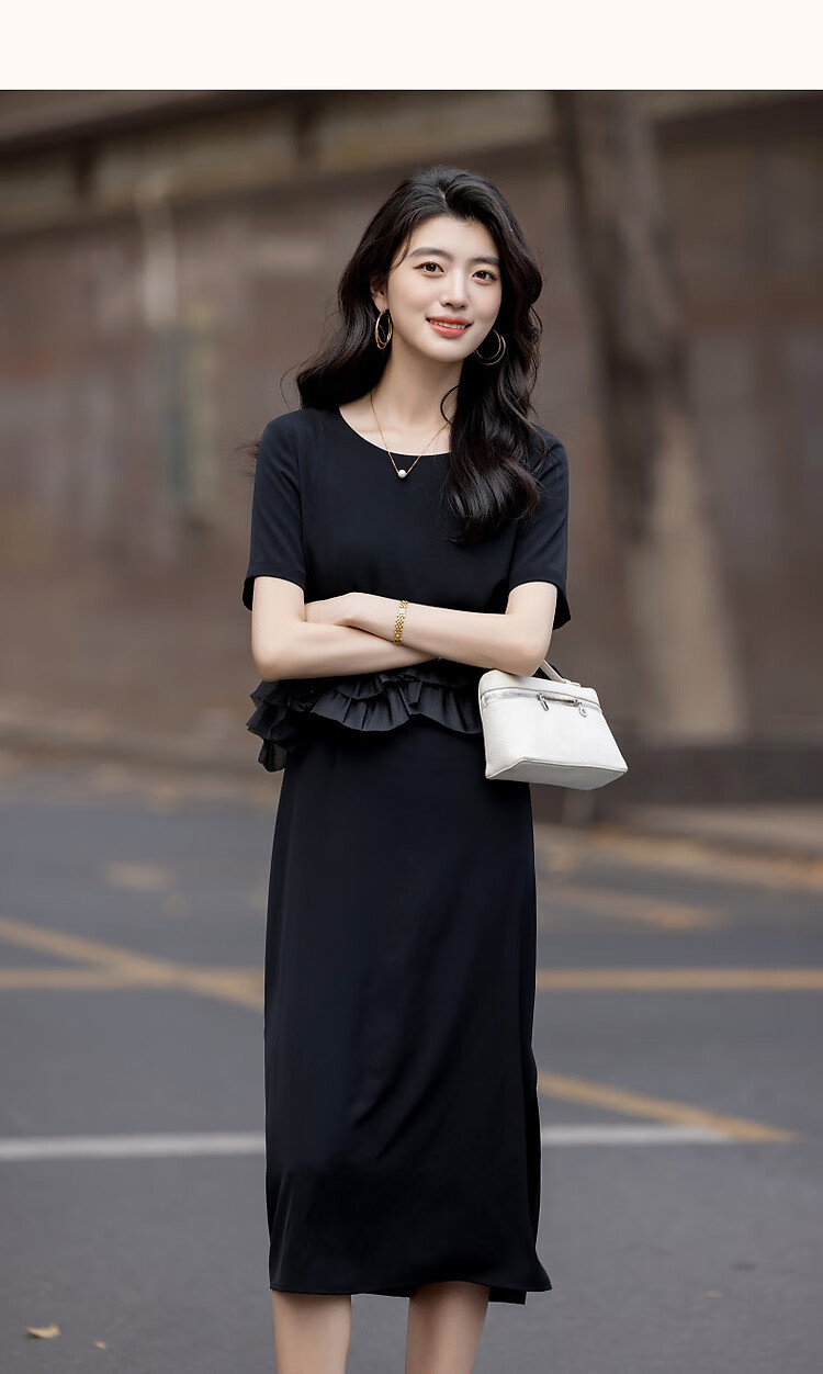 Demana Elegant Faux Two-Piece Summer 80D Textured Ruffle Splice Back Hidden Zipper Mid-Length Women's Dress 17