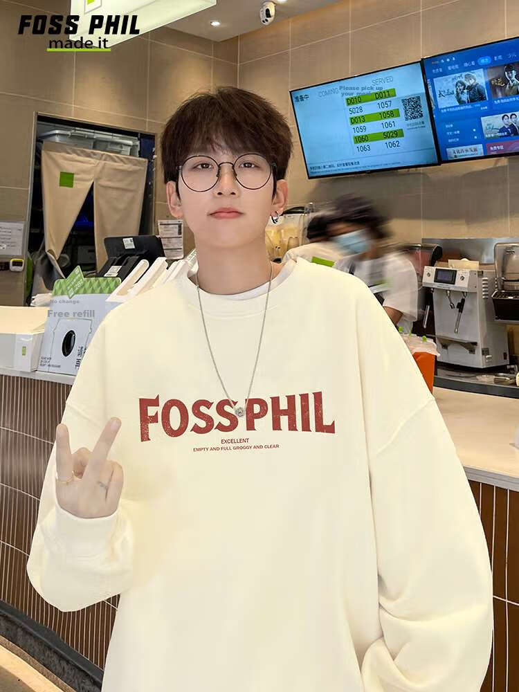 Foss Phil Round Neck Casual Sweatshirt for Men, Spring And Autumn Loose-Fitting Printed Long-Sleeve T-Shirt, Base Layer Korean-Style Top FPW3 Black 3XL 9