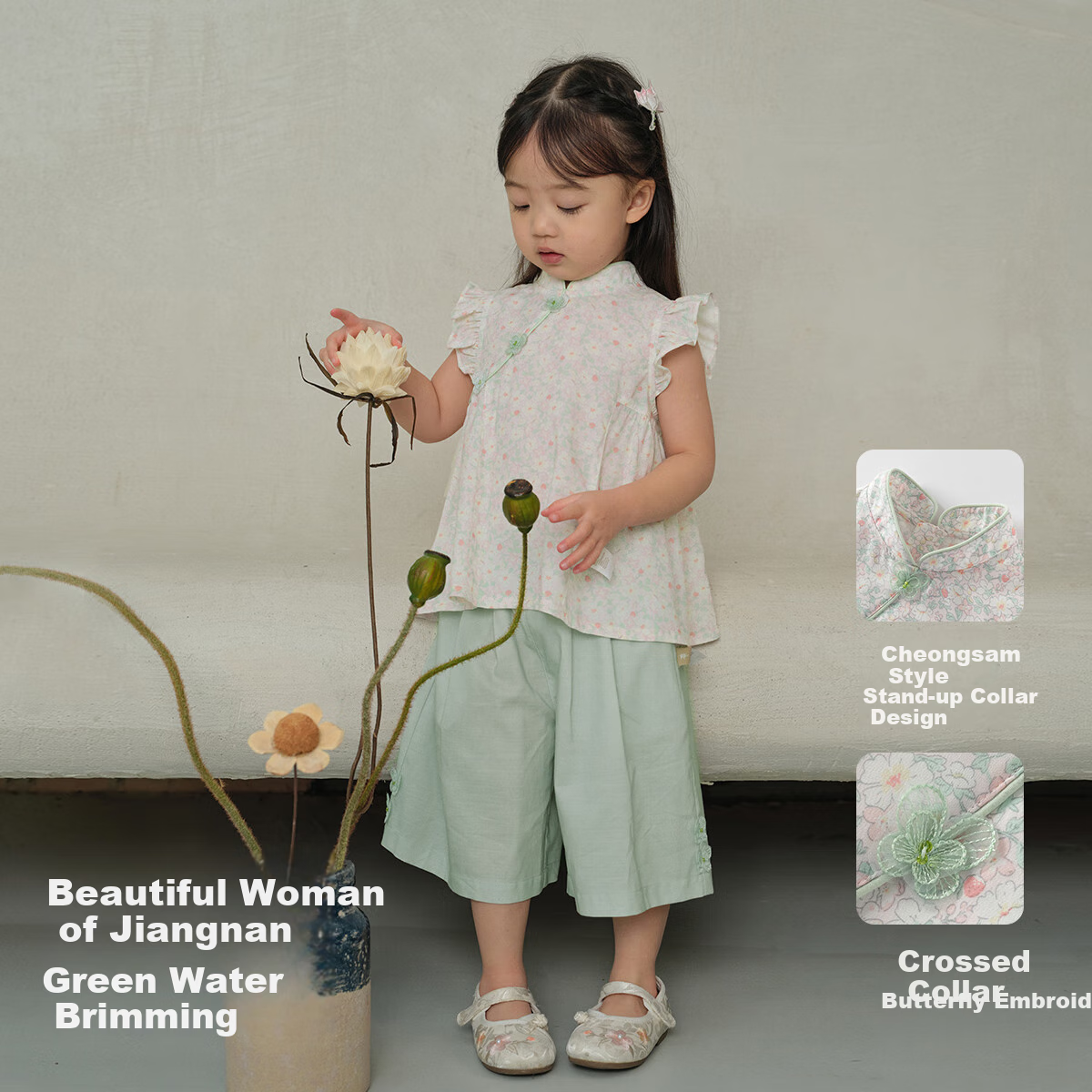 DAVE & BELLA Girls' Cooling Capri Pants Set, Summer Outfit for Older Children, Antibacterial Chinese Style Two-Piece Set