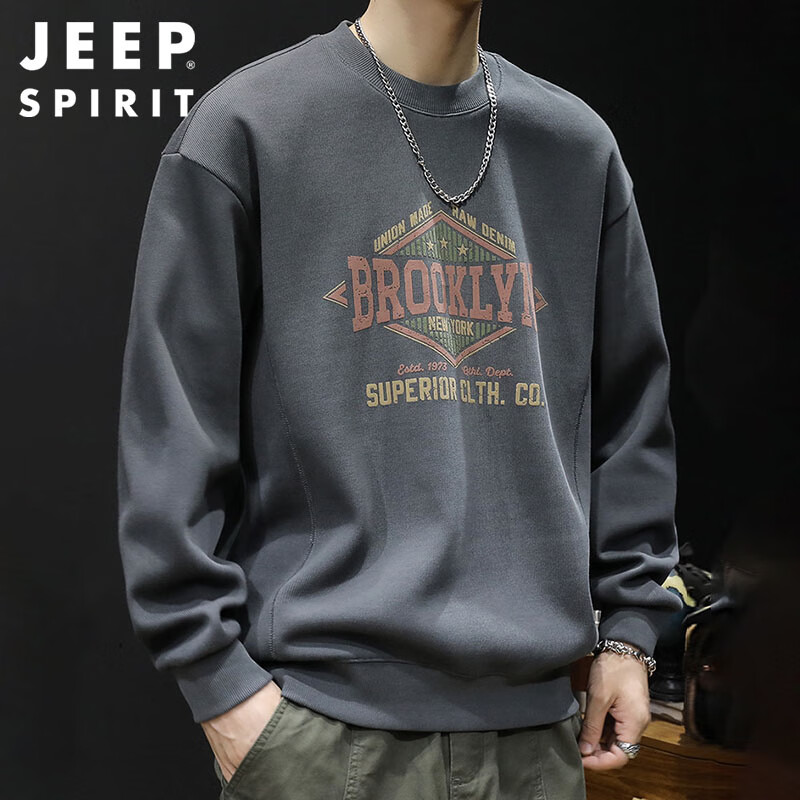 JEEP SPIRIT Heavyweight Crew Neck Sweatshirt for Men, Spring Trendy Printed Large Size Men's Top Long Sleeve, Dark Gray, 3XL