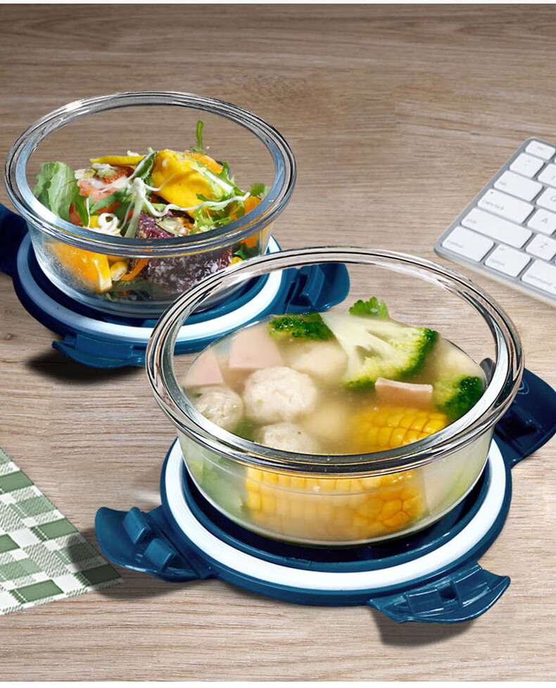 Chuangde Heat-Resistant Glass Food Storage Containers, Microwave-Safe Lunch Boxes for Office Workers, Round Bento Boxes, 400+650+1000ml, with Bag And Utensils 6