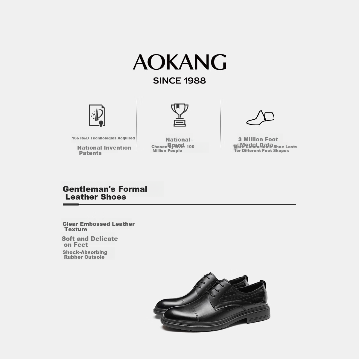 Aokang Men's Shoes, Spring Business Formal Leather Shoes, Men's Work Commute Lace-Up Leather Shoes, Black, Size 39