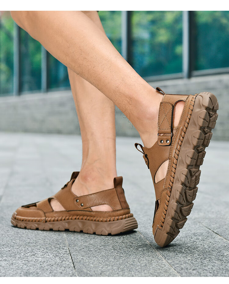 Guizhibu Summer Breathable Sandals, Non-Slip Sports Casual Closed-Toe Beach Shoes, Light Luxury Leather Sandals G1101 Light Brown 39 2