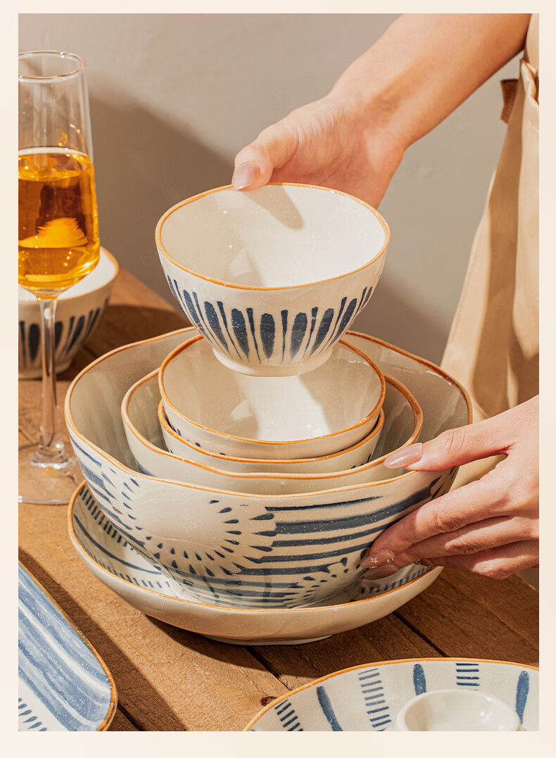 TREEJACK Japanese Style Underglaze Color Ceramic Bowl and Plate Set Housewarming Gift Rice Bowl Plate Chopsticks Tableware 8