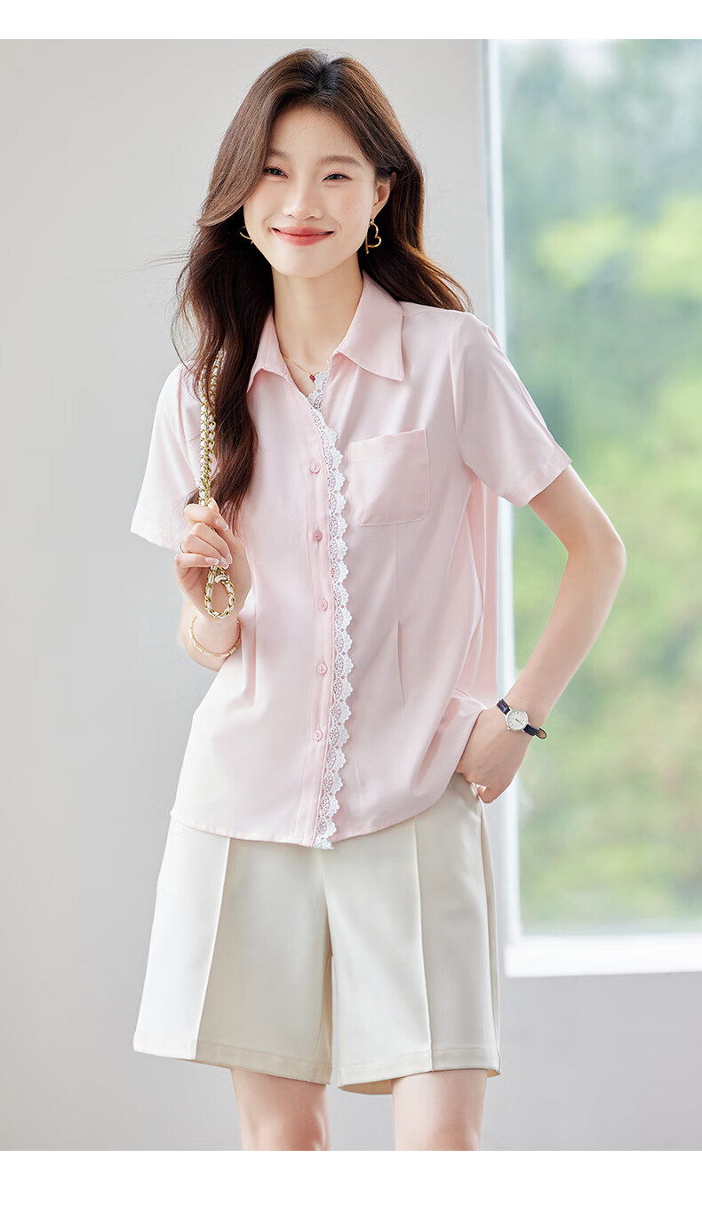 Jeanswest Women's Short Sleeve Shirt 2026 Summer Korean Style Lace Trim Lapel Waist Slimming High-End Pink M 16