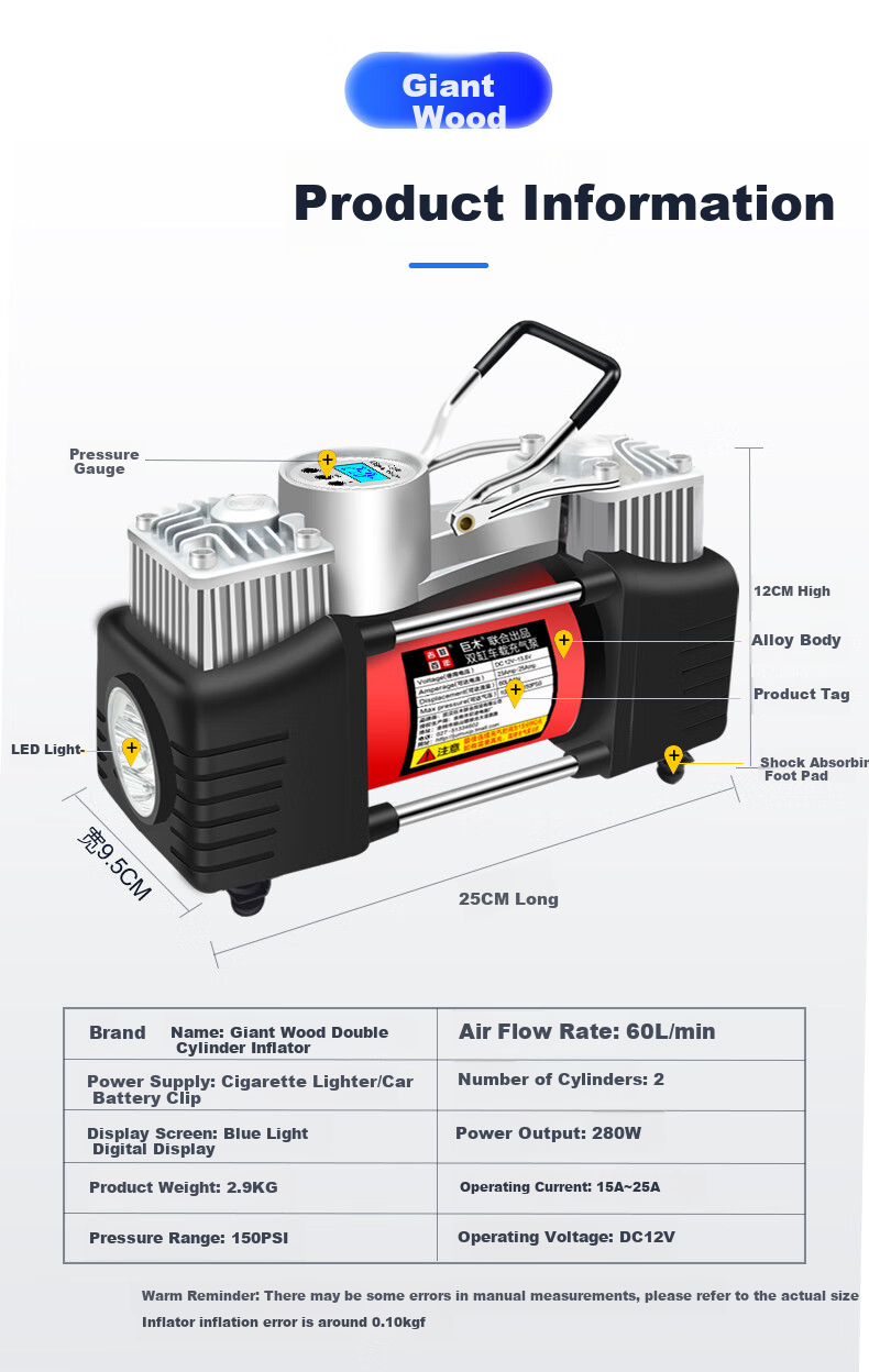 Jumu Car Air Pump with Dual Cylinders, High Pressure, High Power, Portable Electric Tire Inflator for Vehicles 15