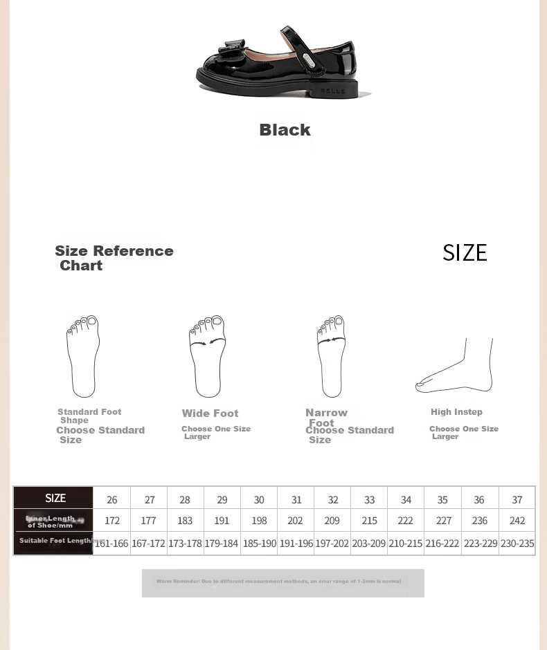 Belle Children's Shoes, Girls' Leather Shoes, Student Shoes for Spring And Autumn, Performance Shoes, Fashionable Casual Flats, Black, Size 33 10