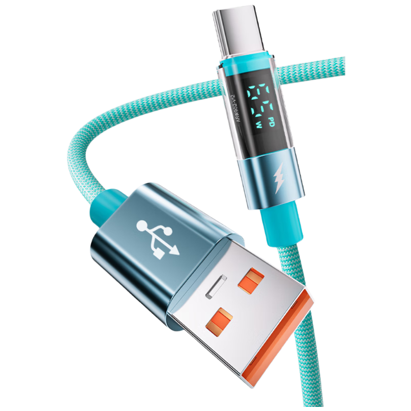 Beimo Smart Digital Display Braided Data Cable 65W Super Fast Charging USB-A to Type-C Cable for Apple 17-16/Huawei/Laptop 1.2m Blue