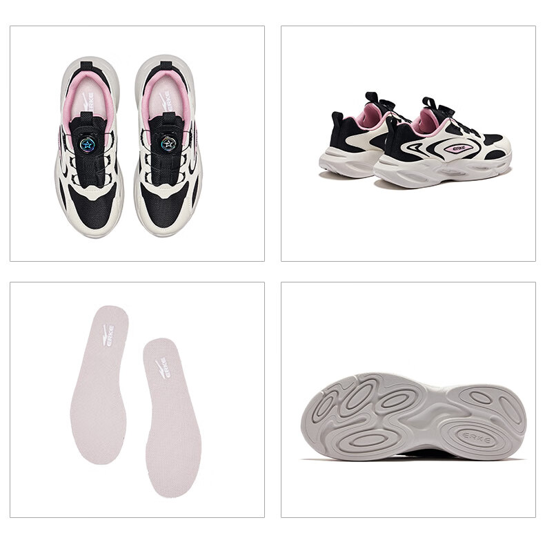 ERKE Kids Boys Girls Sports Shoes Children's Leather Elastic Running Shoes Warm Linen/Black 34 20