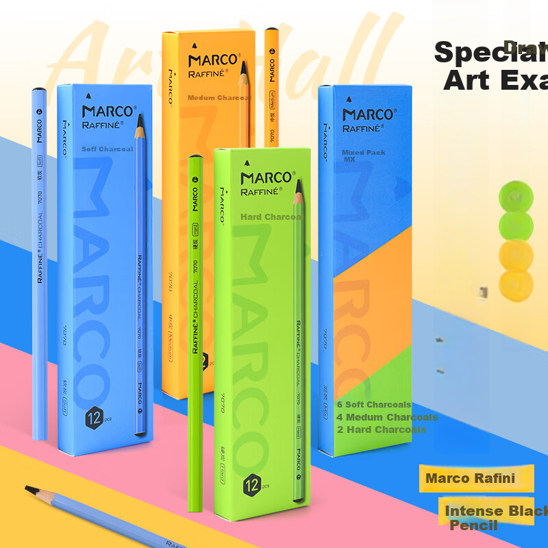 MARCO Drawing Pencils with Charcoal Tips, 12-Pack, Sketching Exam, Wooden Handle Charcoal Pencils for Students' Exams, Art Students' Entrance Exam