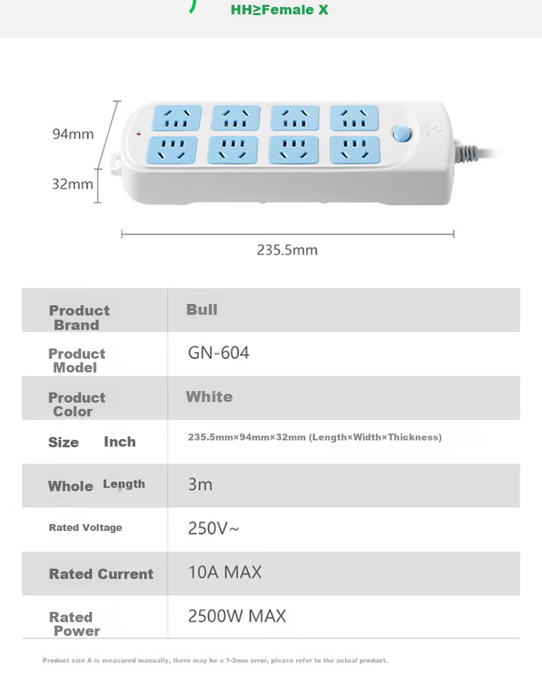 BULL Power Strip Socket Extension Cord (Overcurrent Protection), 10A, 8 Outlets with Master Switch, 250V, 3 Meters, GN-604 7