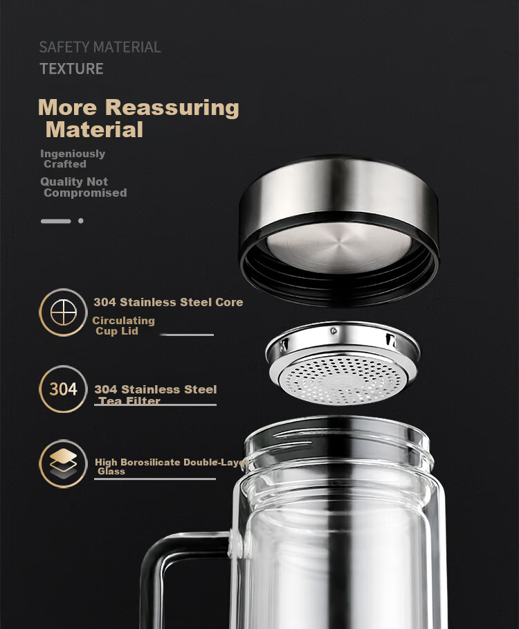 Fuguang Shixi Double-Layer Glass Cup with Handle and Filter, Heat-Resistant Office Mug, Large Capacity 520ml, Black 6