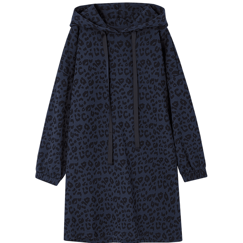 Demana Warm Cloud Cotton Autumn Drawstring Hooded Leopard Print Drop Shoulder Elastic Cuff Loose Petite Women's Dress