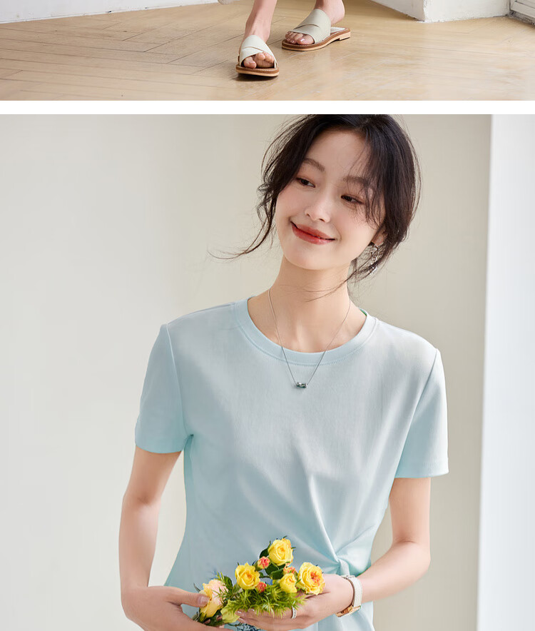 Shangdu Bila Slim Fit Slimming Pure Cotton T-Shirt Women Summer Design Irregular Short Sleeve Elegant Top Black S 12