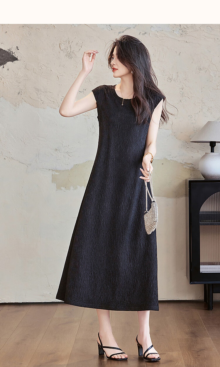 Demana [Comfort Elastic Soft] Summer Simple Style Round Neck Slim Fit Cap Sleeve Petite Elegant Body-Shaping Knit Women's Dress 26