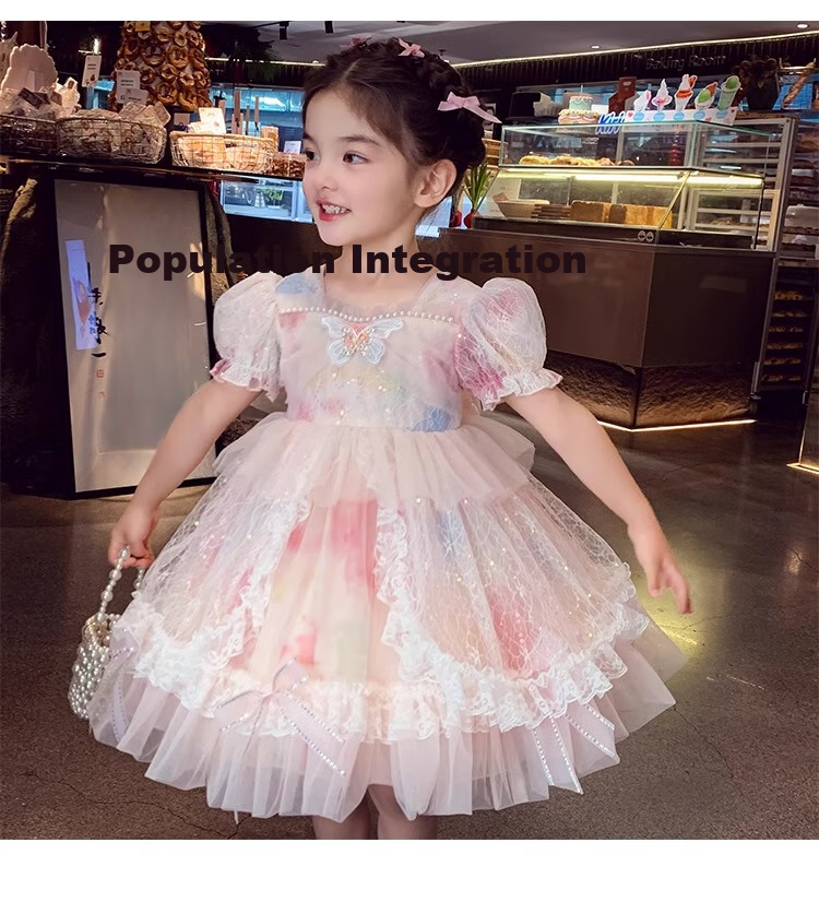 Anneyol Girls' Princess Dress Summer Outfit Stylish Children's Lolita Tulle Dress with Puff Sleeves, Pink, Size 160 20