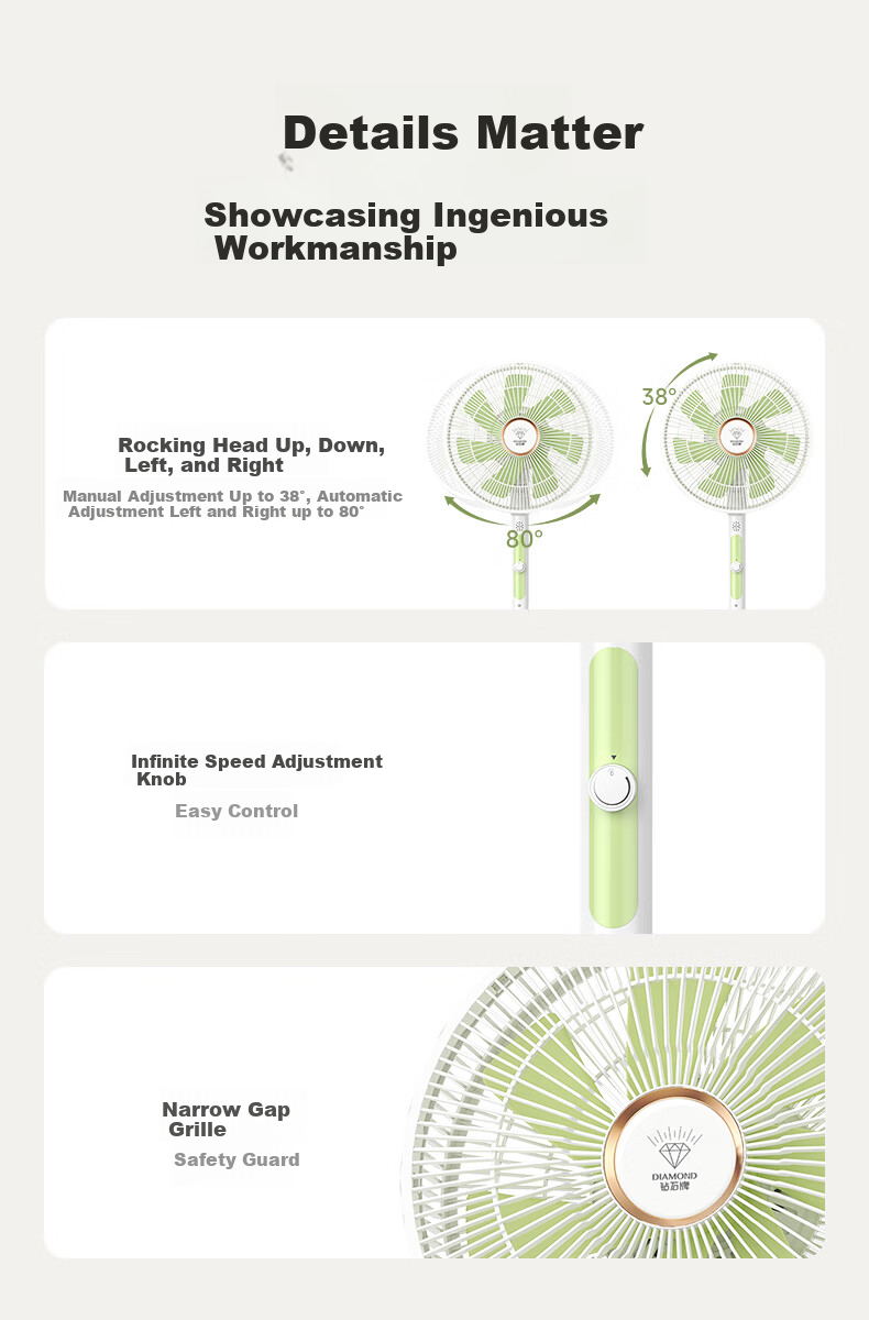 DIAMOND Electric Fan [Grade A Energy Efficiency + DC Inverter + Pure Copper Motor] Home Floor Fan with Voice Control, Remote Control, Oscillating Blade, Energy-Saving, Quiet Operation for Bedroom And Living Room DFS-ZGR07 9