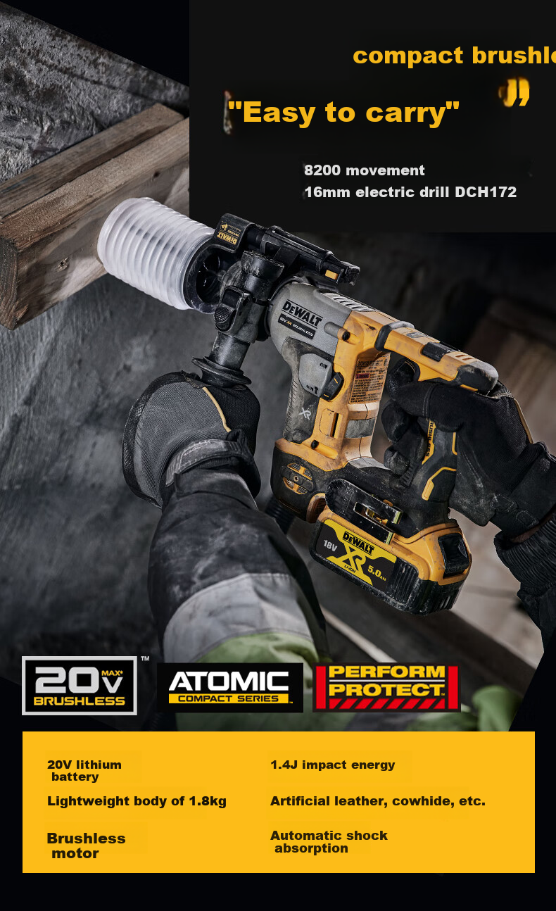 DEWALT 20V Lithium-Ion Brushless 16mm Ultra-Compact Rotary Hammer Kit, DCH172N-A9 1