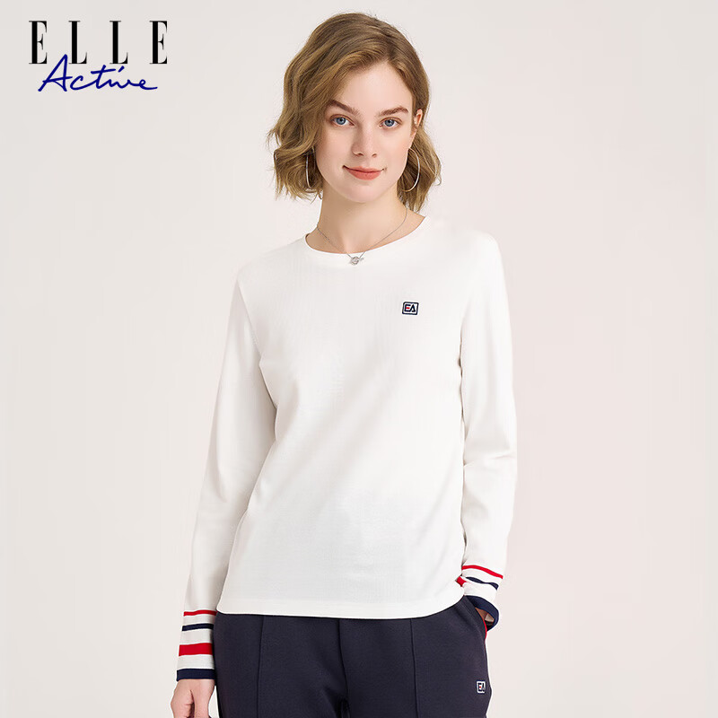 Женская футболка с длинным рукавом ELLE ACTIVE, круглый вырез, хлопок, контрастные манжеты, белый, L