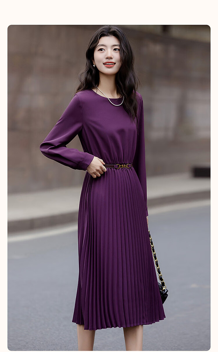 Dme [Elegant French-Style Lady] Autumn Draping Silk Elastic Waist Pleated Skirt, Ruched Belt Women's Dress 2