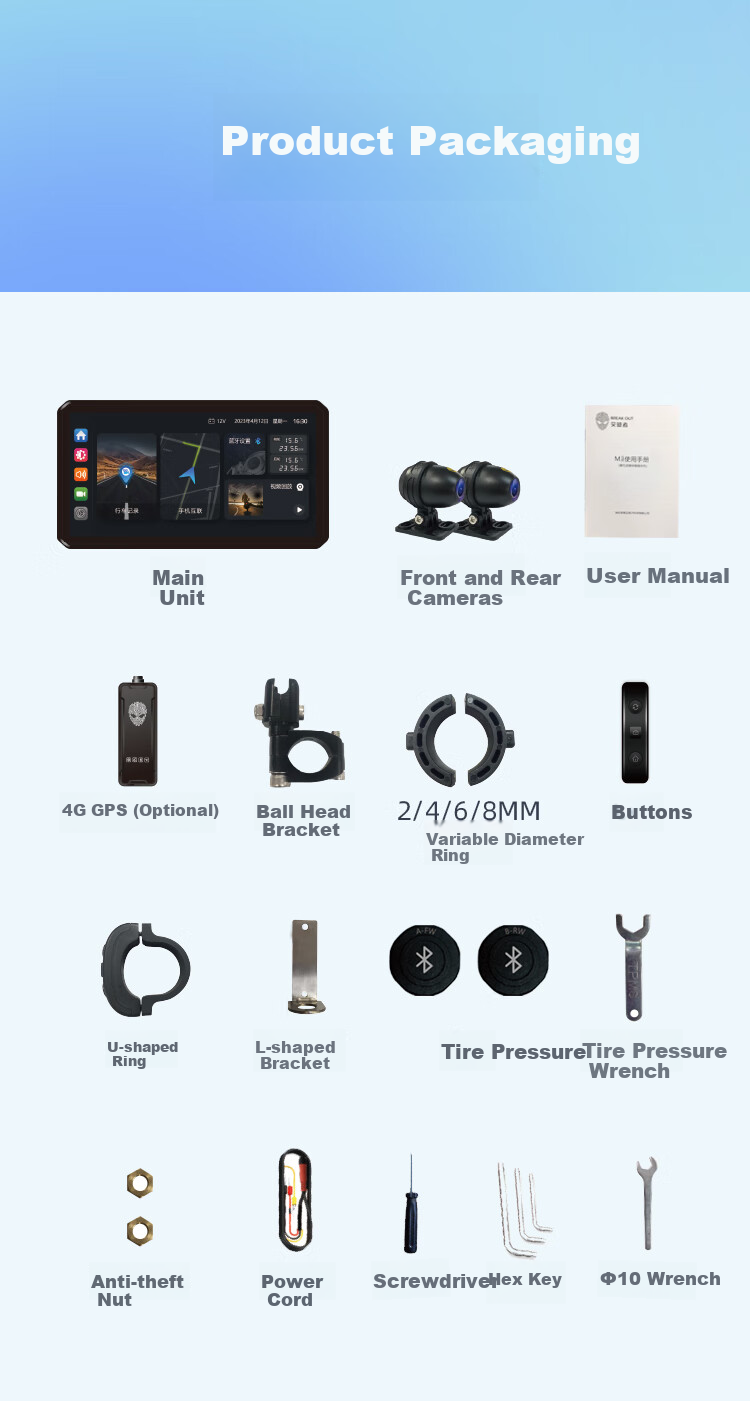Tupozhe M12-ProMax Motorcycle Dash Cam, Smart Car System for Motorcycles, Dedicated Navigation, Wireless Screen Casting Host + Dual Cameras + Tire Pressure + Radar 12