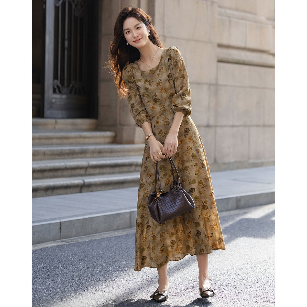 Dme [Retro Garden] Autumn French Floral Waist-Cinching X-Shaped Elegant Petite Adjustable Belt Dress for Wome