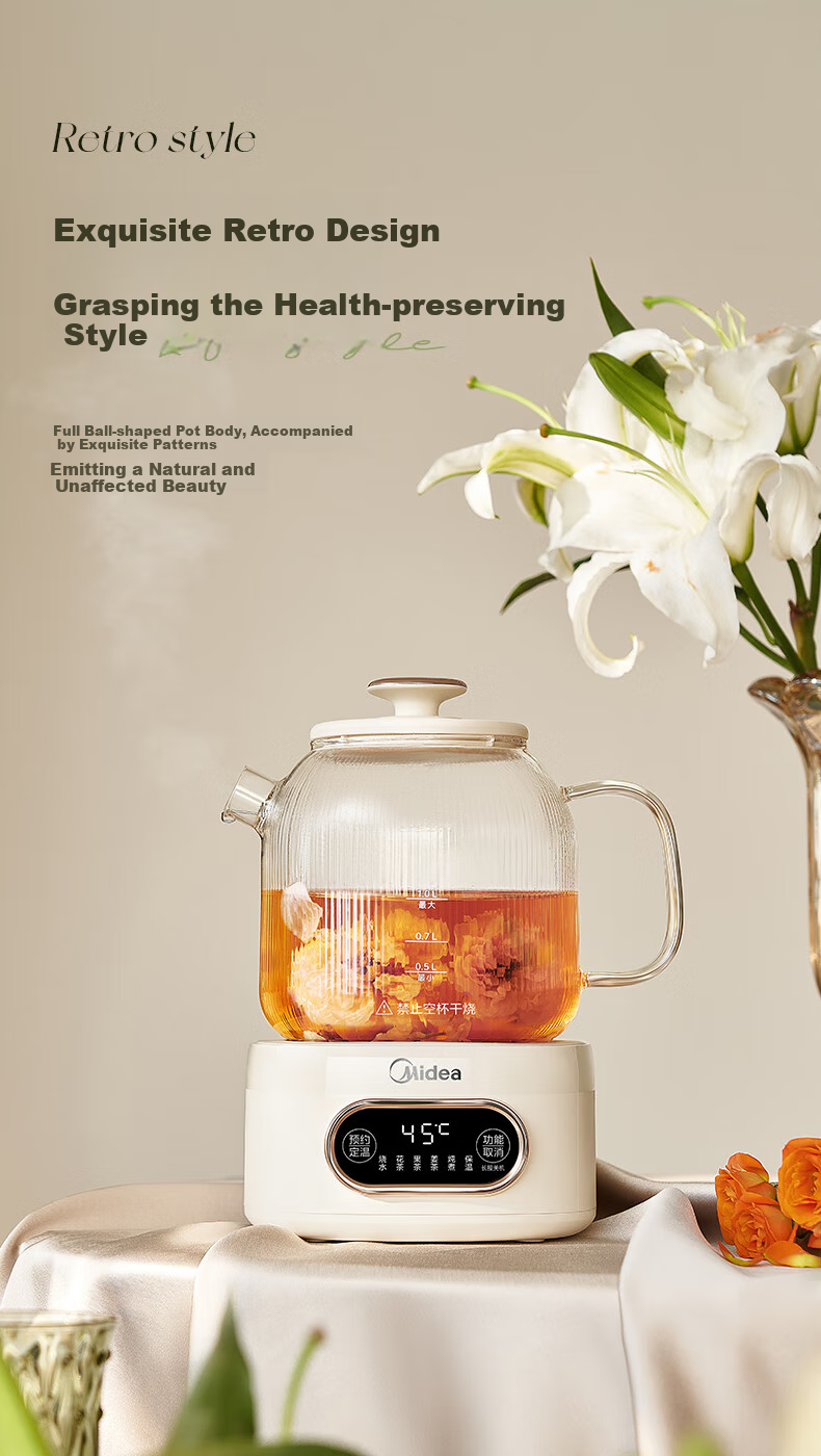 Midea Huayang Zero Glue Fully Glass Automatic Health Pot, Office Multifunctional Tea Kettle, Electric Water Boiler, Tea Maker, 1L, YS10B101 4