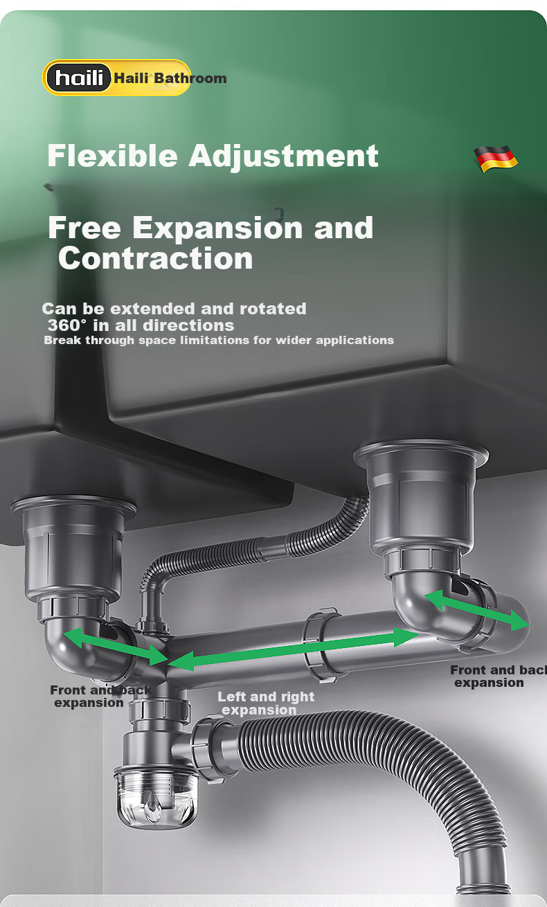 Haili Kitchen Sink Drain Pipe Complete Set, Double Sink 110mm Drainage System, Dishwashing Basin Drainage Pipe Kit Accessories S18 12