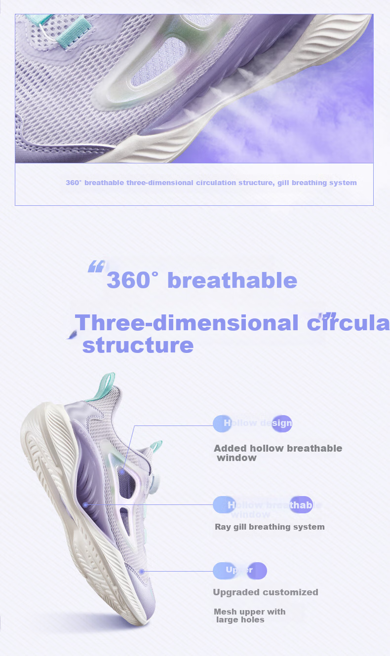XTEP Children's Shoes [Hydrogen Wind 8.0 Foot Protection] Breathable Cage Rotating Buckle Running Shoes, Light Purple/snow Purple, Size 36 9