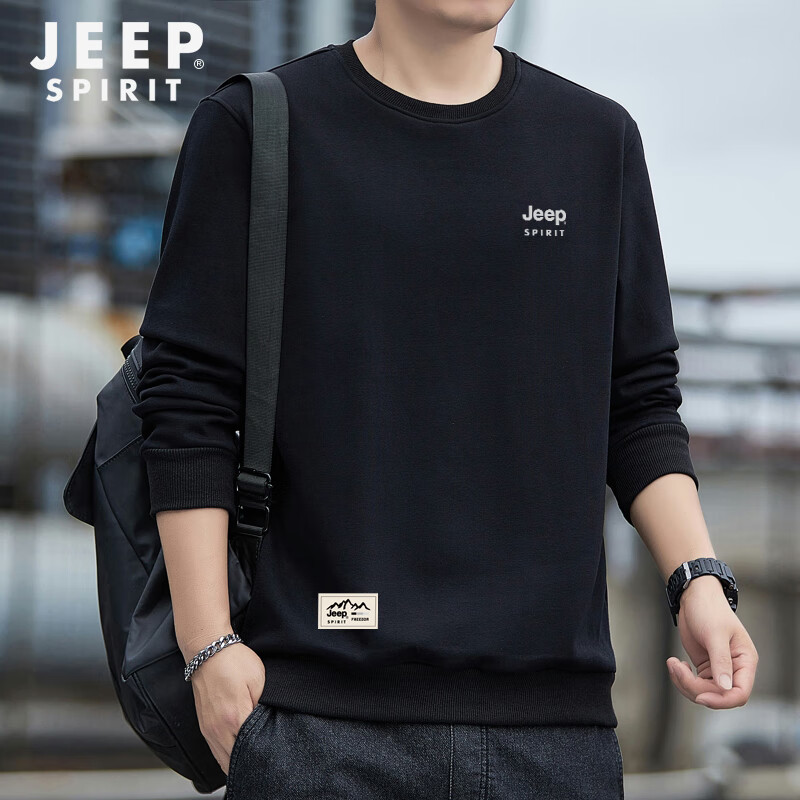 JEEP SPIRIT Sweatshirt for Men, Spring And Autumn Fashion Round Neck Long Sleeve T-Shirt, Loose Versatile Casual Pullover for Men, Black 4XL