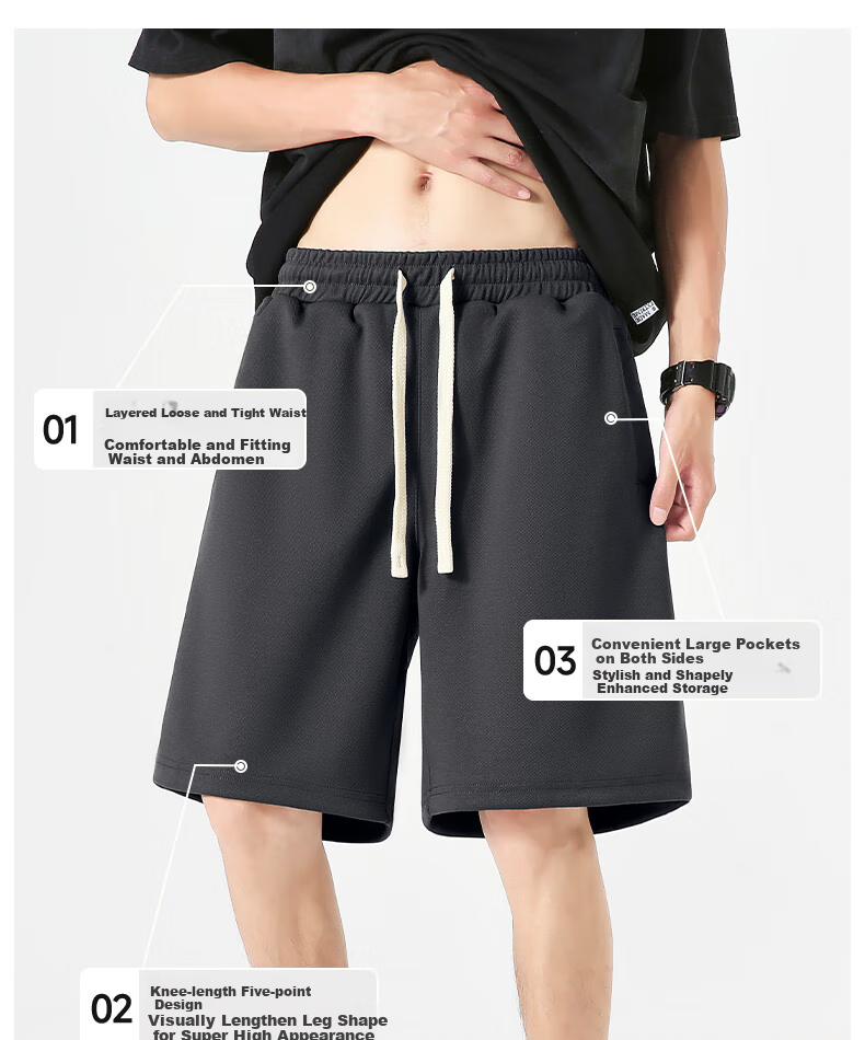 GENIOLAMODE Men's Shorts, Summer Style, Heavy 300G, Casual Draping Loose Fit, Athletic Straight-Leg Five-Point Pants for Young Me 8