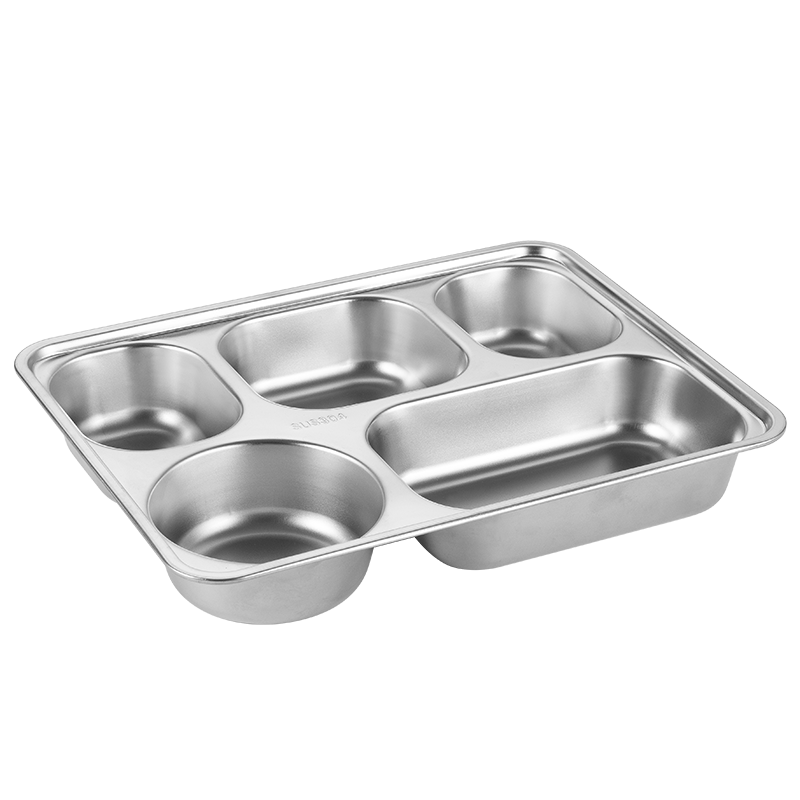 Golden Key 304 Stainless Steel Thickened Divided Fast Food Tray Adult Full Steel Lunch Box Five Compartments No Lid GK-520CP