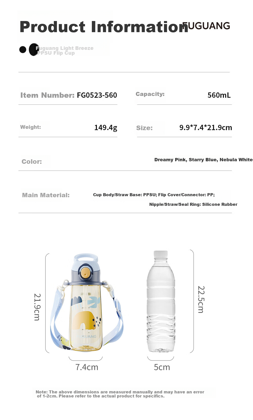 Fuguang Plastic Cup, Children's Water Bottle, PPSU Straw Cup, for Toddlers, Primary School Students, Pregnant Women, Infants And Kindergarten Children, 560ml 18
