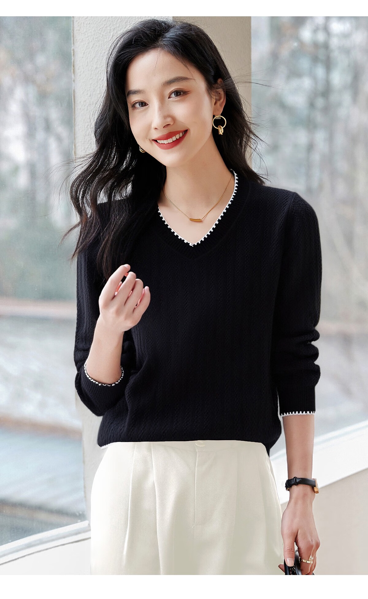 Chushen Women's Spring and Autumn Knitwear Fashionable Elegant V-Neck Color-Block Collar Long Sleeve Base Shirt S141Z3649 19