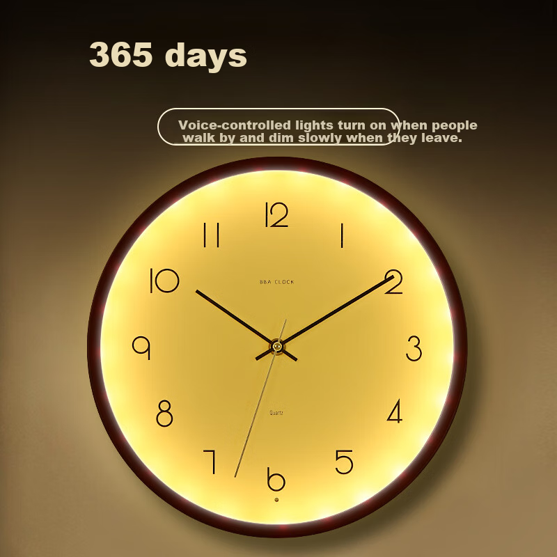 BBA Wall Clock, Creative Night Light, Living Room Wall-Mounted, Home Use Luminous Bedroom Clock, Walnut Color - Ambient Light, 30cm