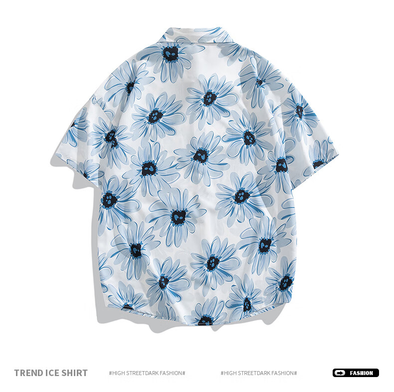 CLOR American Style Ice Silk Shirt Men's Spring and Autumn Printed Short Sleeve Loose Jacket CLCX11 Blue Rhythm Baby Flower 3XL 8