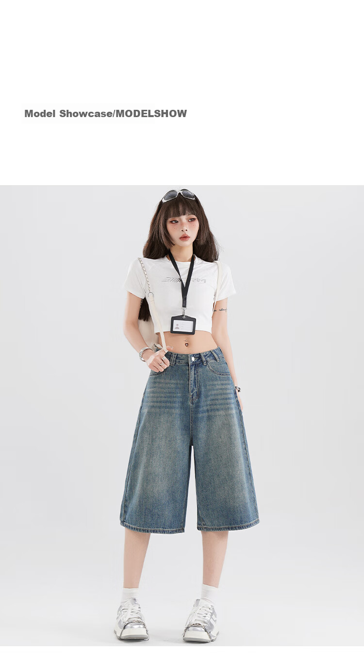 Free Style Vintage High Waist Denim Shorts Women 2026 Summer New Loose Slim Fit Petite Straight Wide Leg Cropped Pants 6