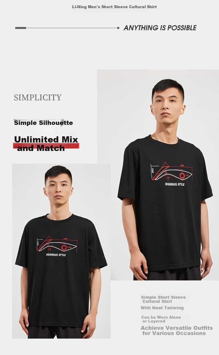 LI-NING Men's Summer Breathable Comfortable Casual Crew Neck Short Sleeve T-Shirt Fashion Casual Versatile Classic Sports Tee 2