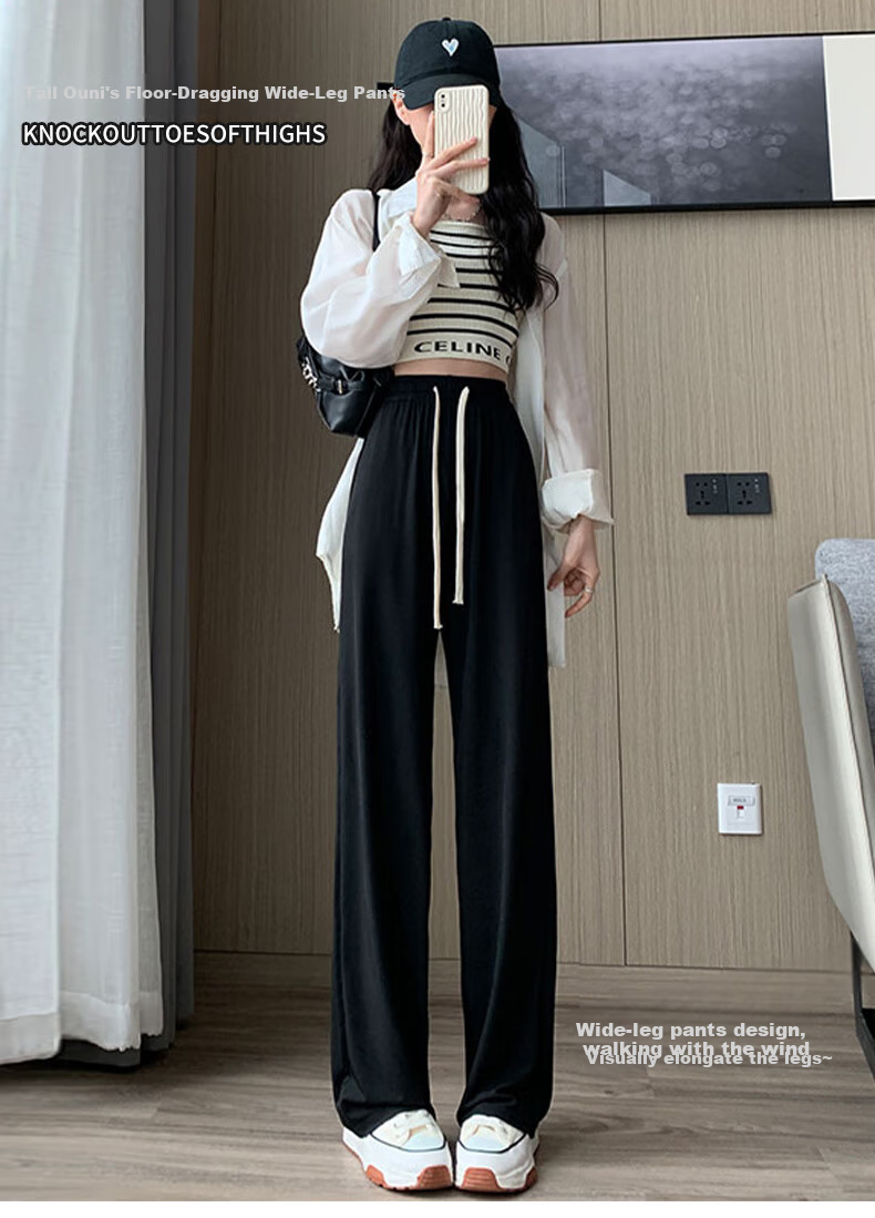 LangSha Ice Silk Wide-Leg Pants for Women, Spring And Autumn Thin Style, Sun Protection, Straight High-Waist Draping Loose Casual Loungewear Cool Pants 1