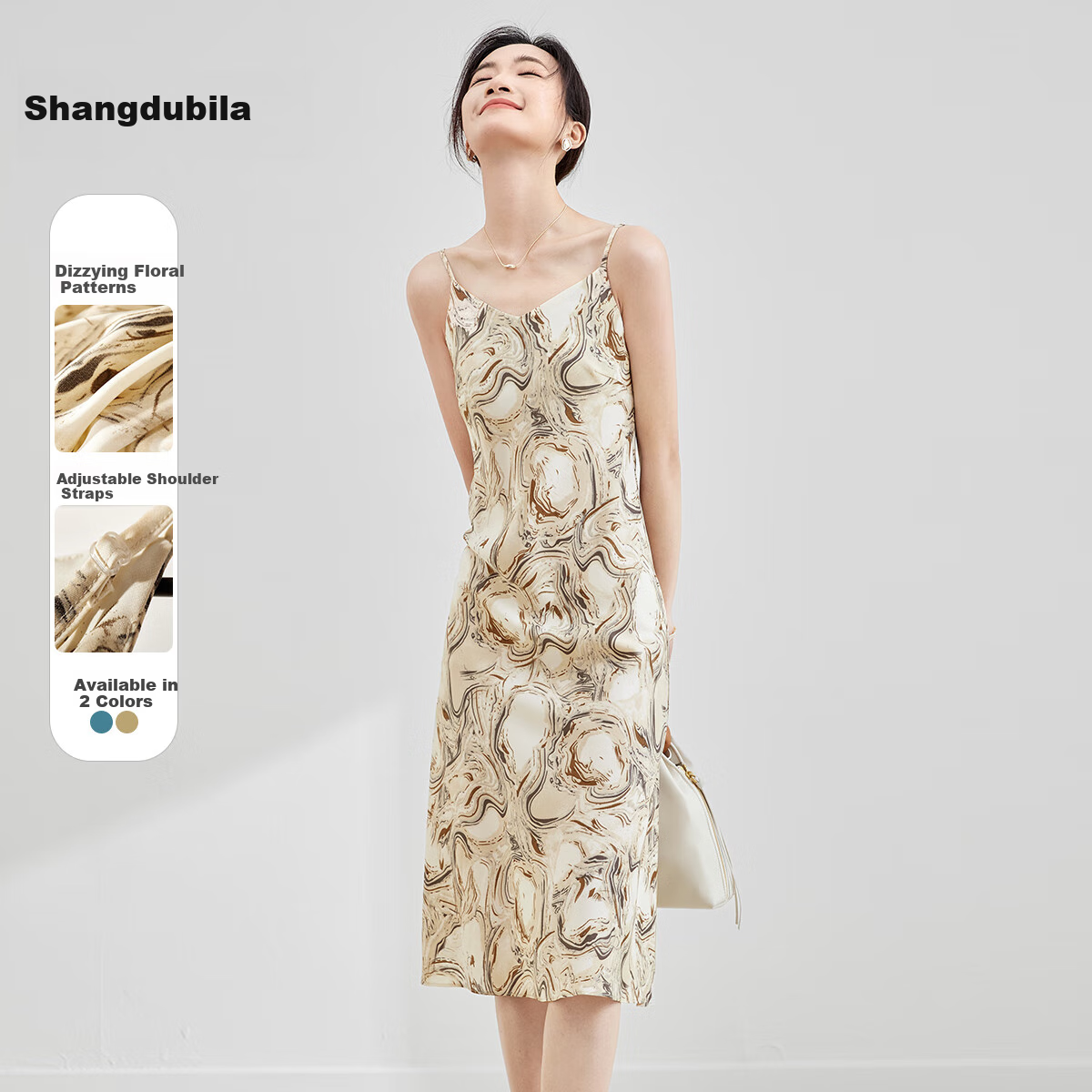 Sentubila Spring And Autumn French Floral Print Spaghetti Strap Dress Elegant Goddess Style Sexy Slimming Dress Apricot Base Floral Pattern Size S