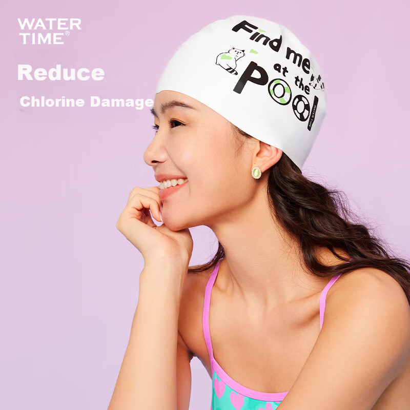 Шапочка для плавания WATERTIME Silicone Printed Swimsuit Cap, большая, для взрослых, для длинных волос, ленивый полдень / белый