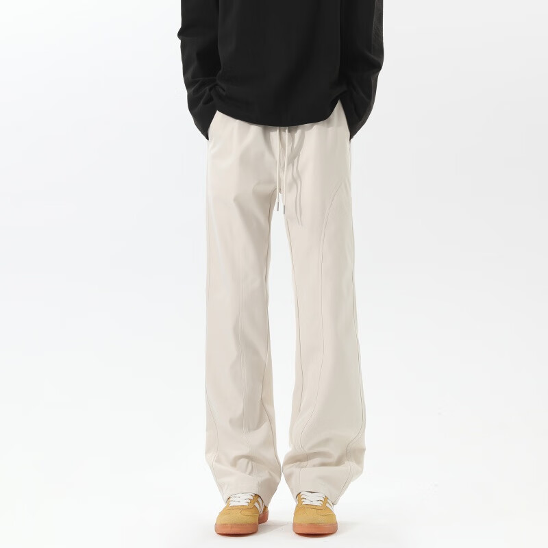 Dingfengbaoluo American Retro Long Pants, Summer High Street Casual Men's Loose Straight Wide-Leg Slightly Flared Trousers SPD01 Off-White 2XL