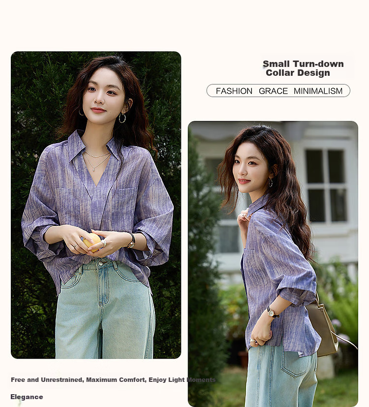 Dme [Art Student Outfit] Summer Artistic Gradient Lapel Shirt, Loose Comfortable Blouse, Women's Top 4