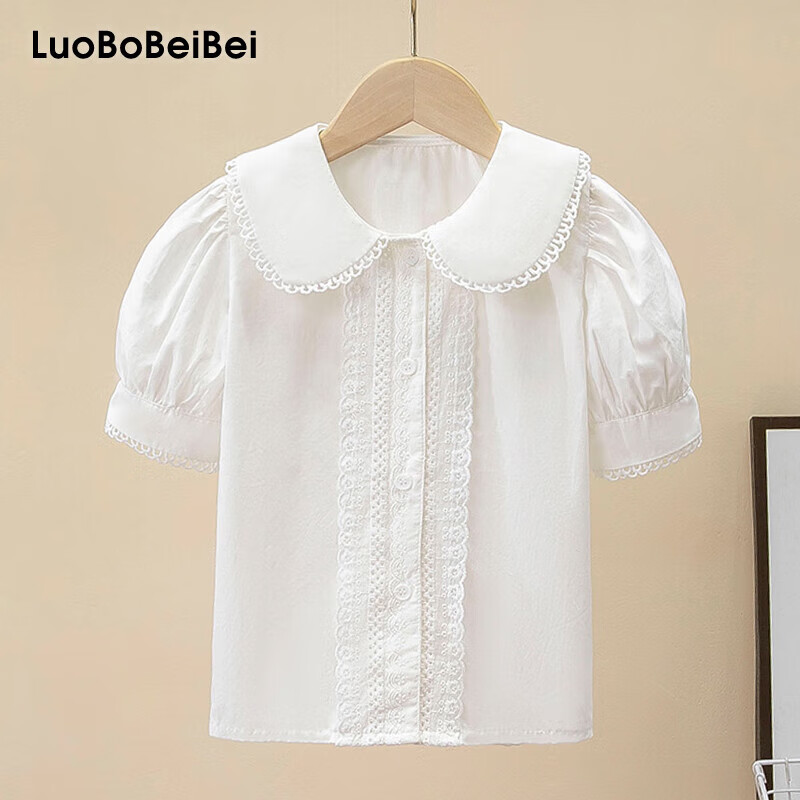 LUOBOBEIBEI Белая блузка для девочек с кружевной отделкой, универсальная блузка в японском стиле с воротником-куклой, с короткими рукавами, белая, размер 130
